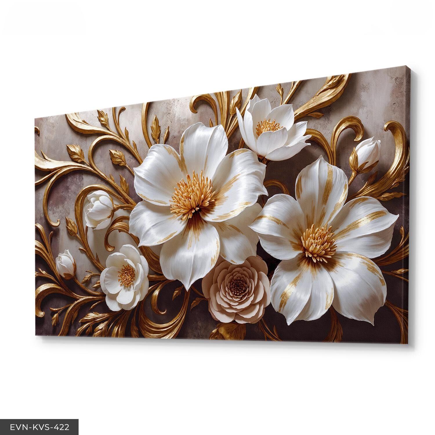 Gold Detaylı Beyaz Çiçek Tek Parça Kanvas - Canvas Tablo 40 x 30 CM - Çok Renkli