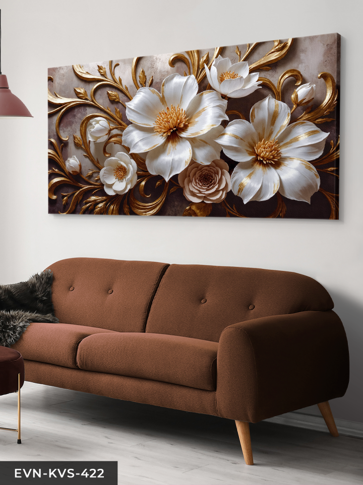 Gold Detaylı Beyaz Çiçek Tek Parça Kanvas - Canvas Tablo 140 x 90 CM - Çok Renkli
