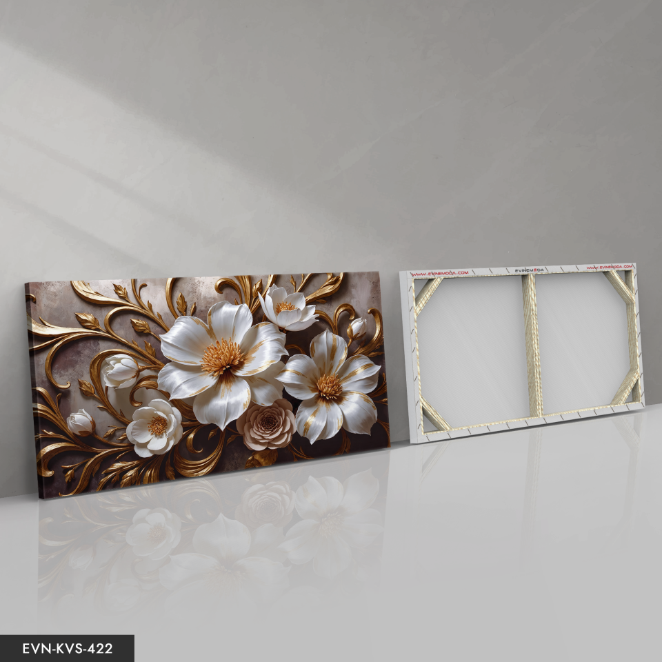 Gold Detaylı Beyaz Çiçek Tek Parça Kanvas - Canvas Tablo 140 x 90 CM - Çok Renkli