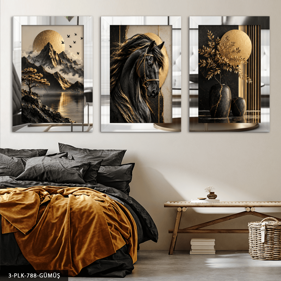 Gold Bitki Doğa ve Siyah 3 Parça Pleksi Aynalı Tablo Gümüş - 40 x 60 CM