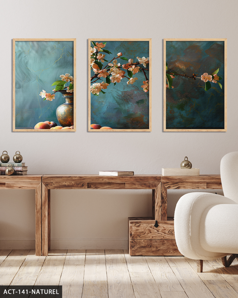 Yağlı Boya Görünümlü Kiraz Çiçekleri 3 Parça Ahşap Çerçeveli Tablo ACT Naturel - 20 x 30 CM