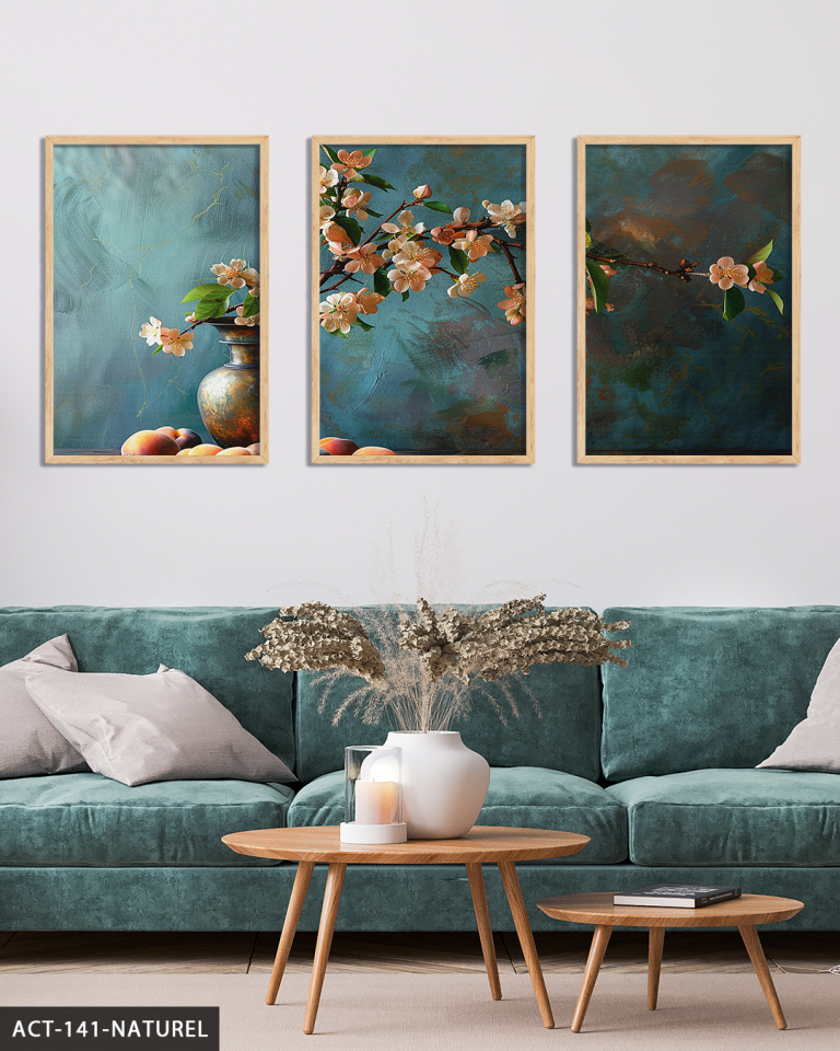 Yağlı Boya Görünümlü Kiraz Çiçekleri 3 Parça Ahşap Çerçeveli Tablo ACT Naturel - 20 x 30 CM