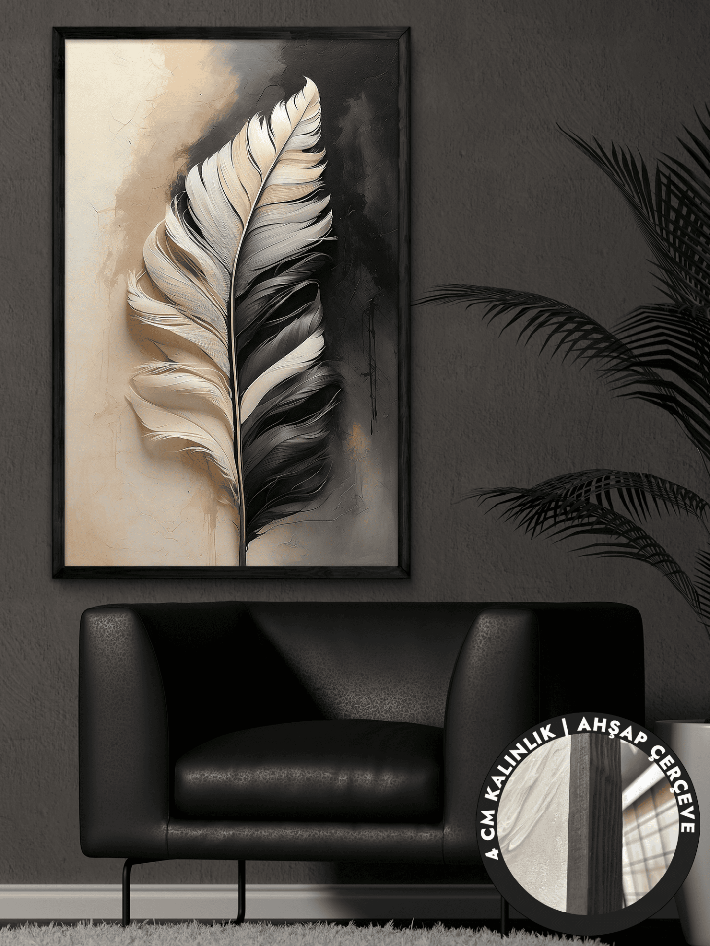 Yaprak Tek Parça Siyah Çerçeveli Kanvas - Canvas Tablo 48x68 CM