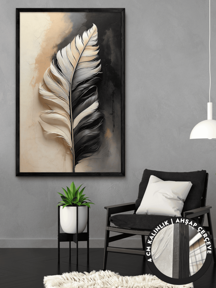 Yaprak Tek Parça Siyah Çerçeveli Kanvas - Canvas Tablo 48x68 CM