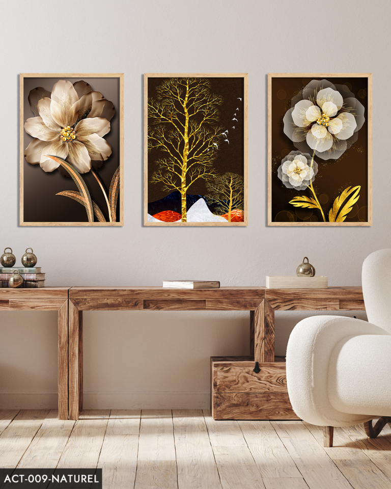 Çiçek Ağaç 3 Parça Ahşap Çerçeveli Tablo ACT Siyah - 40 x 60 CM