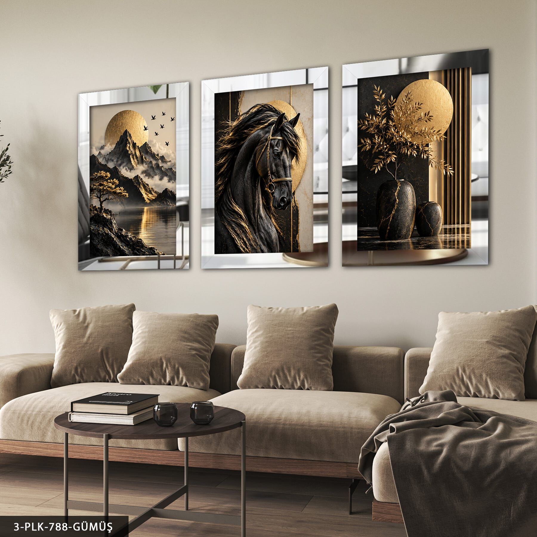Gold Bitki Doğa ve Siyah 3 Parça Pleksi Aynalı Tablo Gümüş - 50 x 70 CM