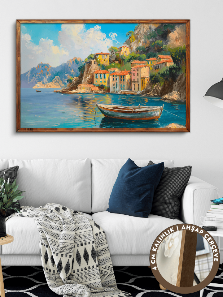 Göl Evinde Sabah Tek Parça Kahverengi Çerçeveli Kanvas - Canvas Tablo 48x68 CM