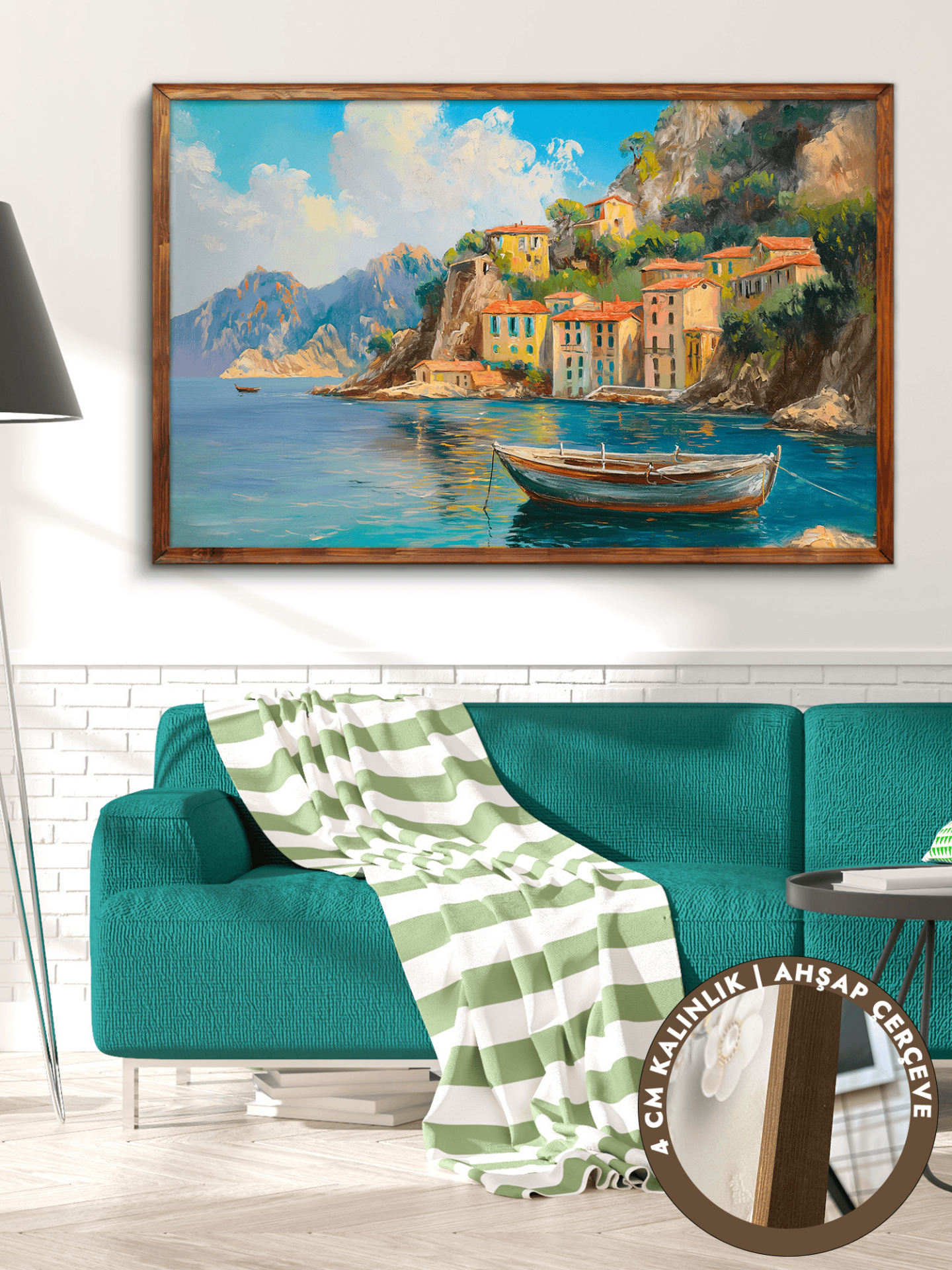 Göl Evinde Sabah Tek Parça Kahverengi Çerçeveli Kanvas - Canvas Tablo 48x68 CM