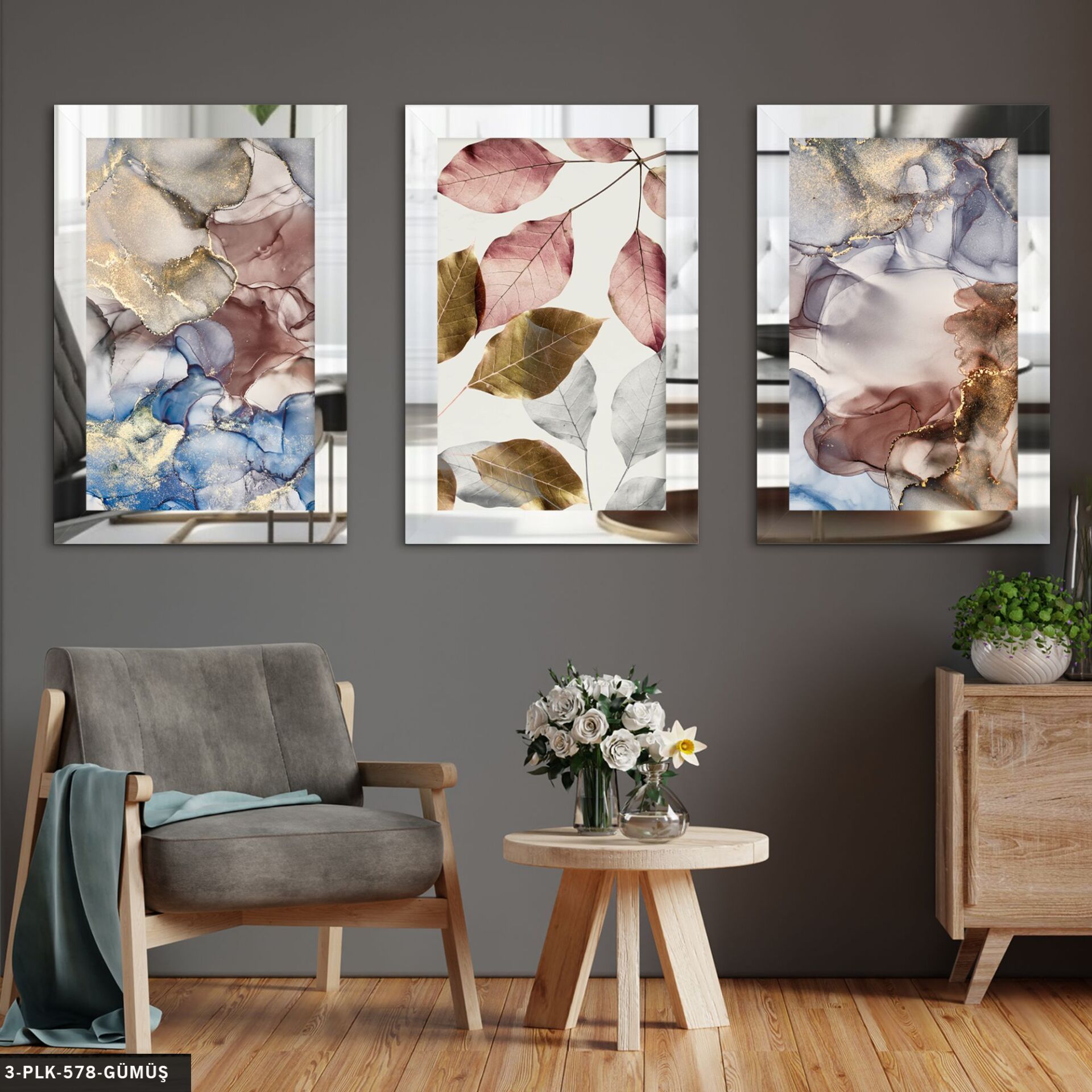 Renkli Yapraklar 3 Parça Pleksi Aynalı Tablo 60 x 80 CM - Gümüş