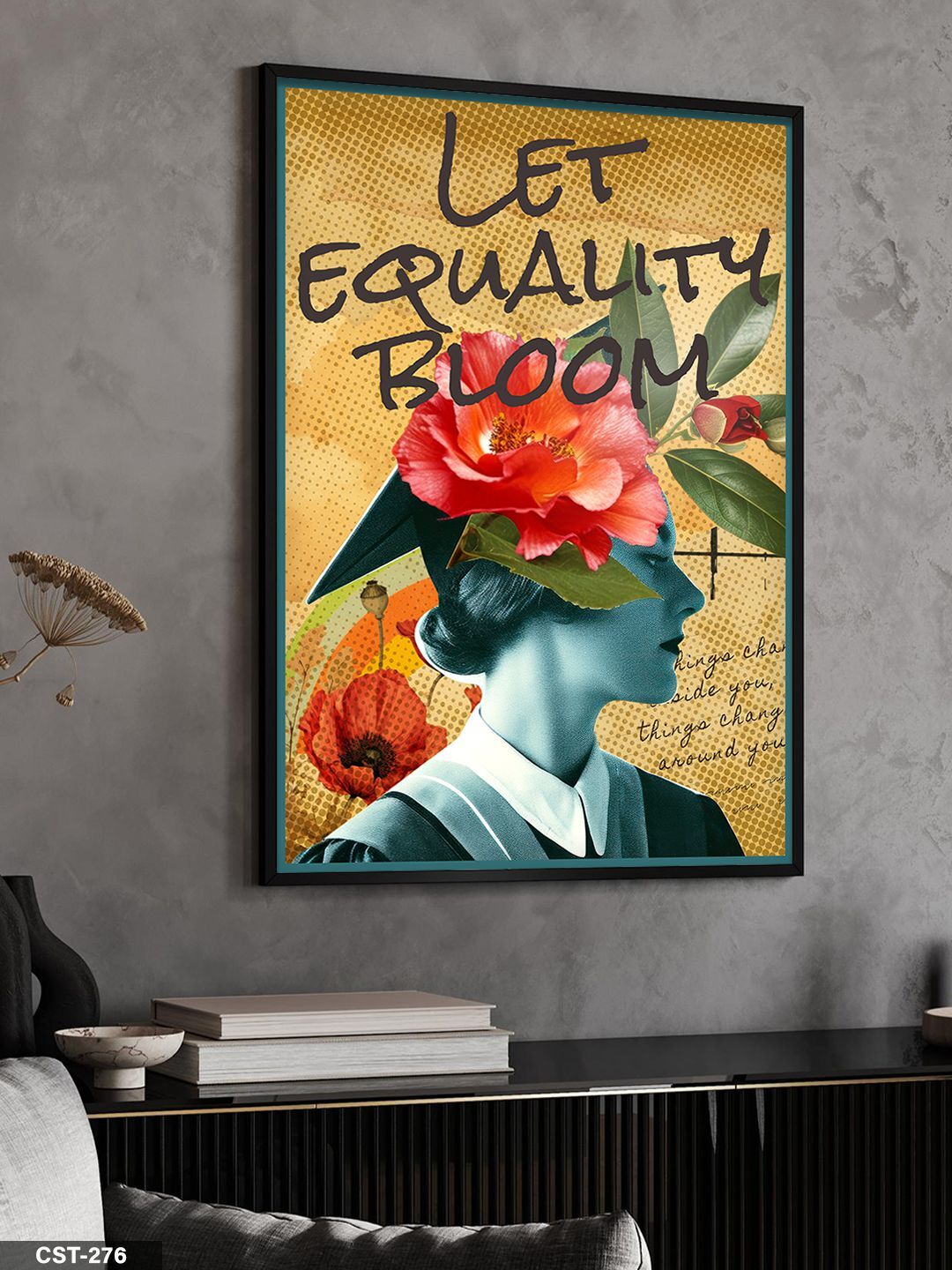 Let Equalıty Bloom Kadın ve Çiçek Tek Parça Ahşap Çerçeveli Tablo Siyah - 50 x 70 CM