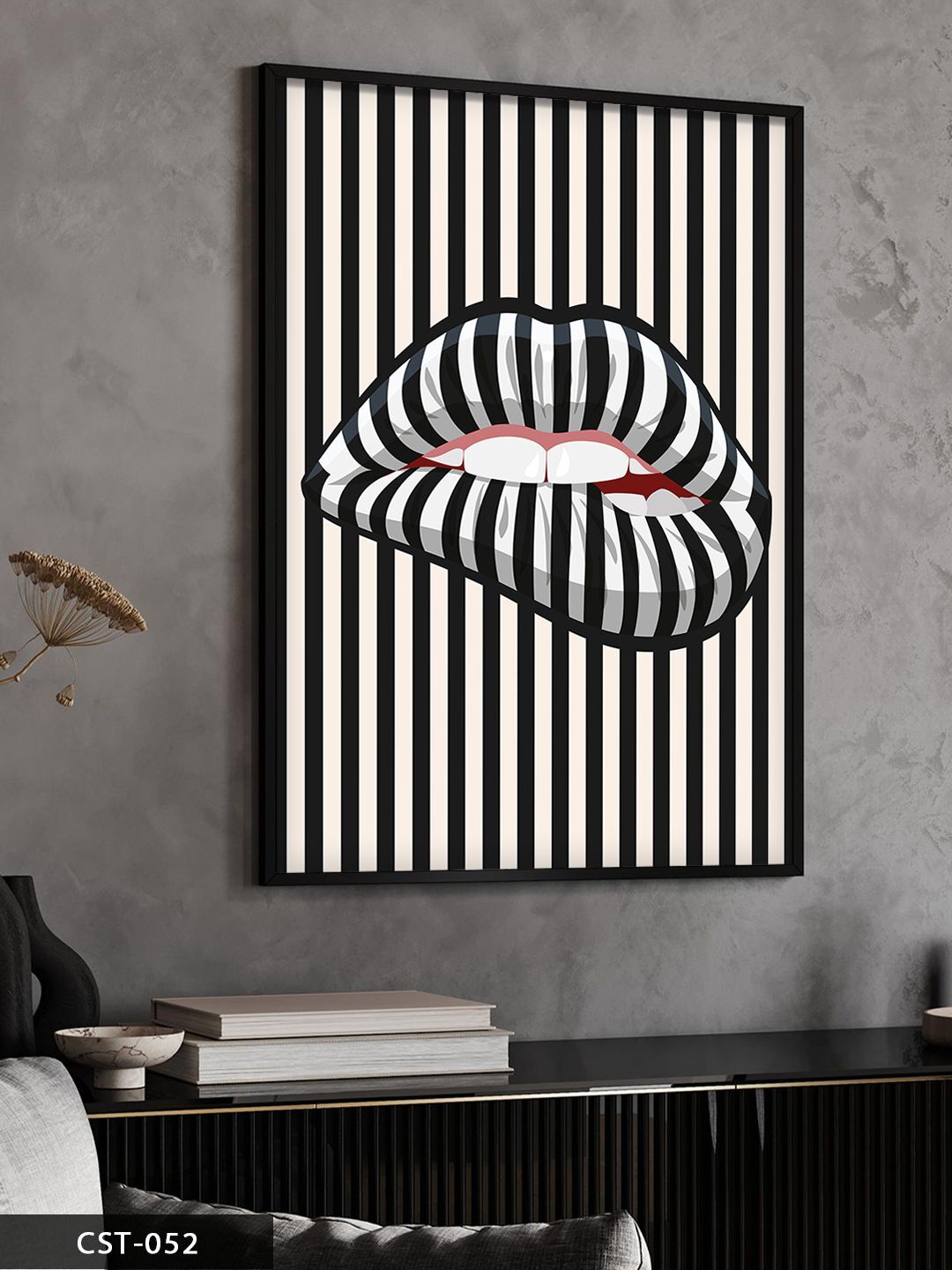 Çizgili Dudak Tek Parça Ahşap Çerçeveli Tablo Siyah - 20 x 30 CM