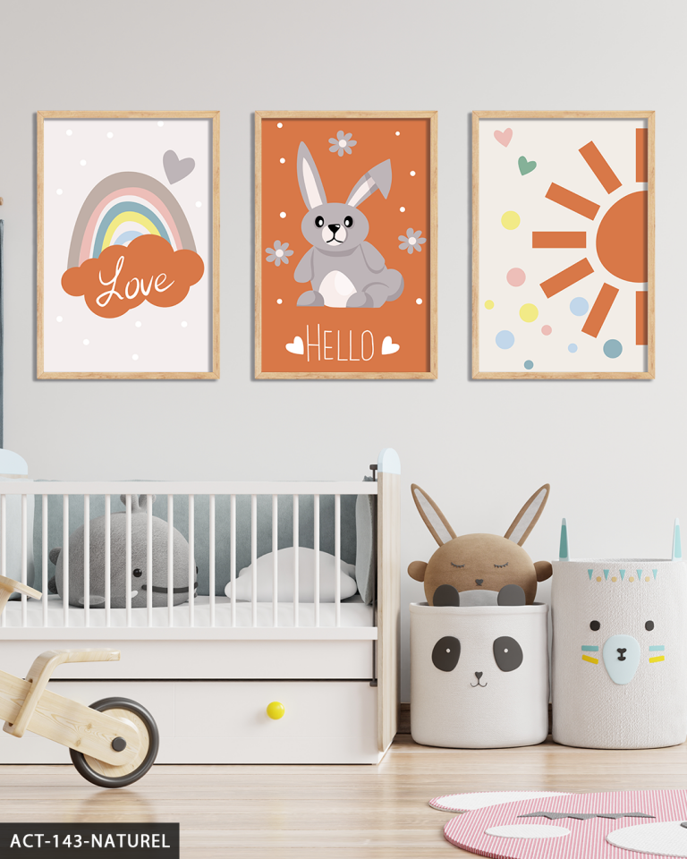 Hayvan Temalı Çocuk Odası 3 Parça Ahşap Çerçeveli Tablo ACT Naturel - 20 x 30 CM