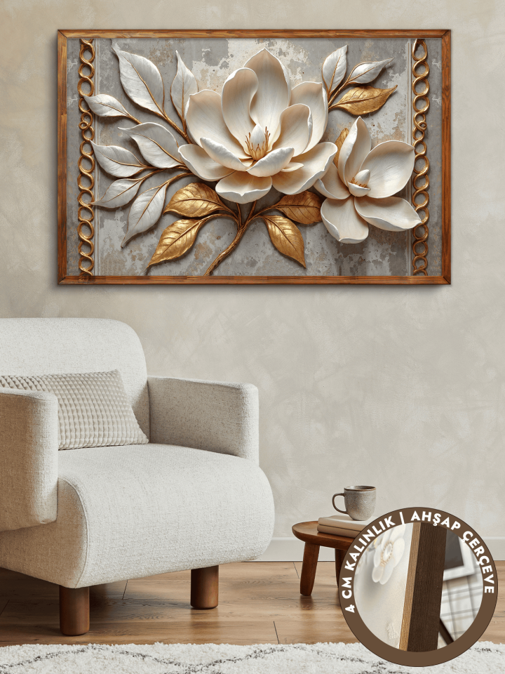Beyaz Çiçek Altın Yapraklı Tek Parça Kahverengi Çerçeveli Kanvas - Canvas Tablo 48x68 CM