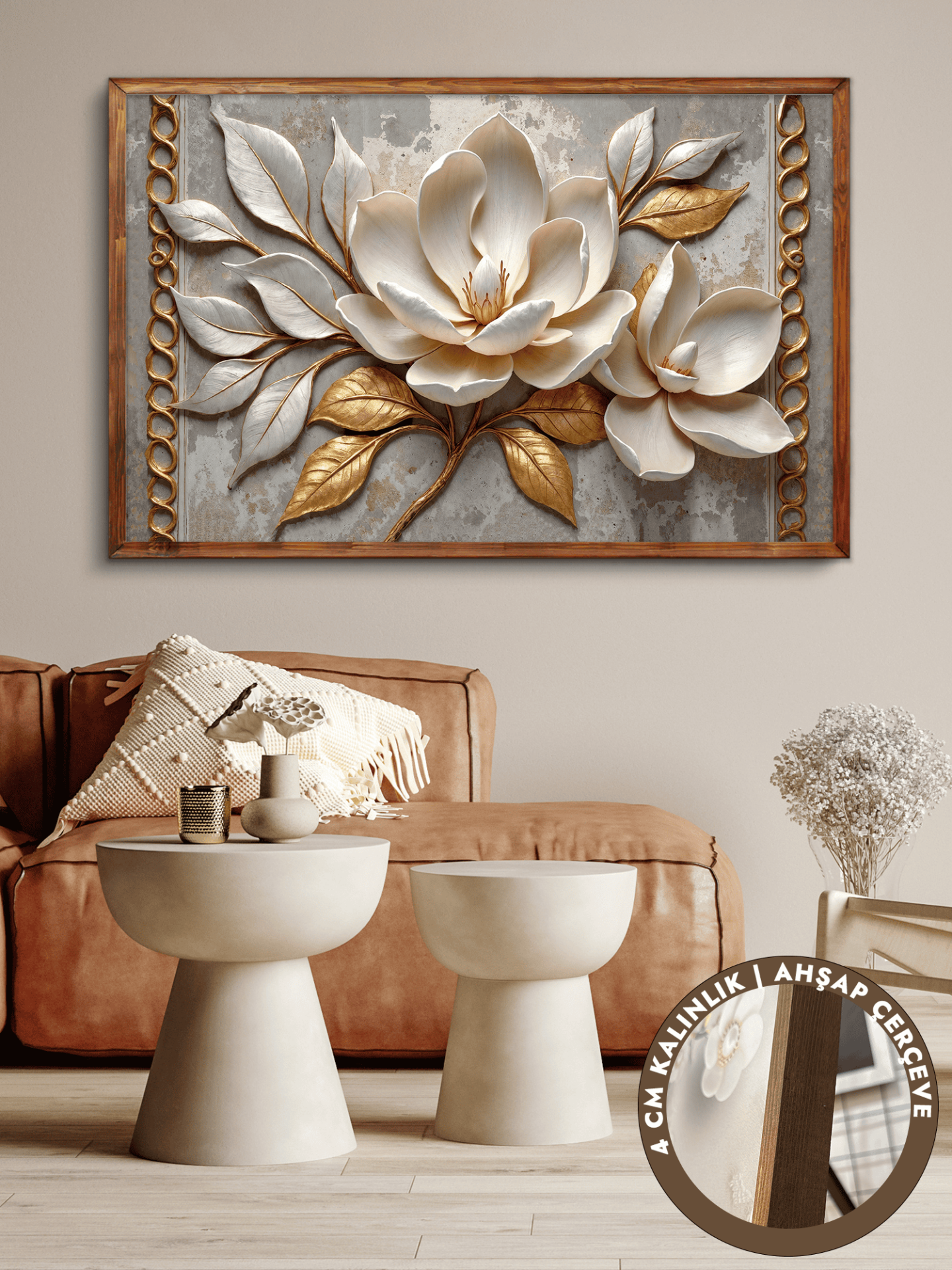 Beyaz Çiçek Altın Yapraklı Tek Parça Kahverengi Çerçeveli Kanvas - Canvas Tablo 48x68 CM