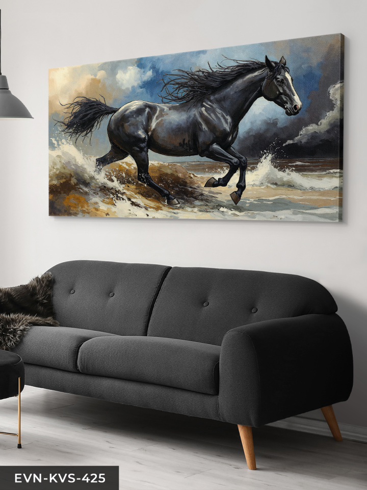 Siyah Asil At Tek Parça Kanvas - Canvas Tablo 140 x 90 CM - Çok Renkli