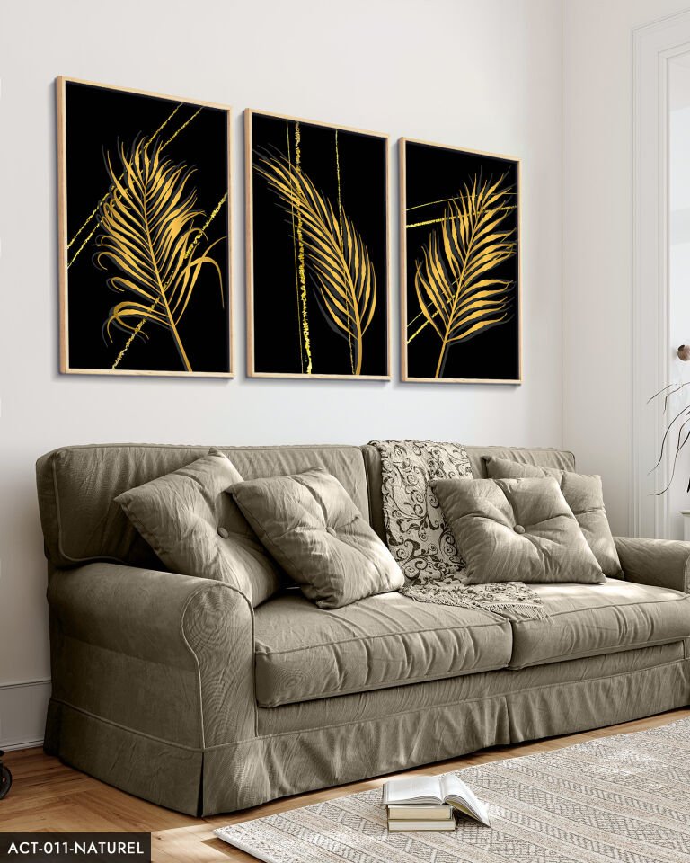 Gold Tüy Desen 3 Parça Ahşap Çerçeveli Tablo ACT Siyah - 40 x 60 CM