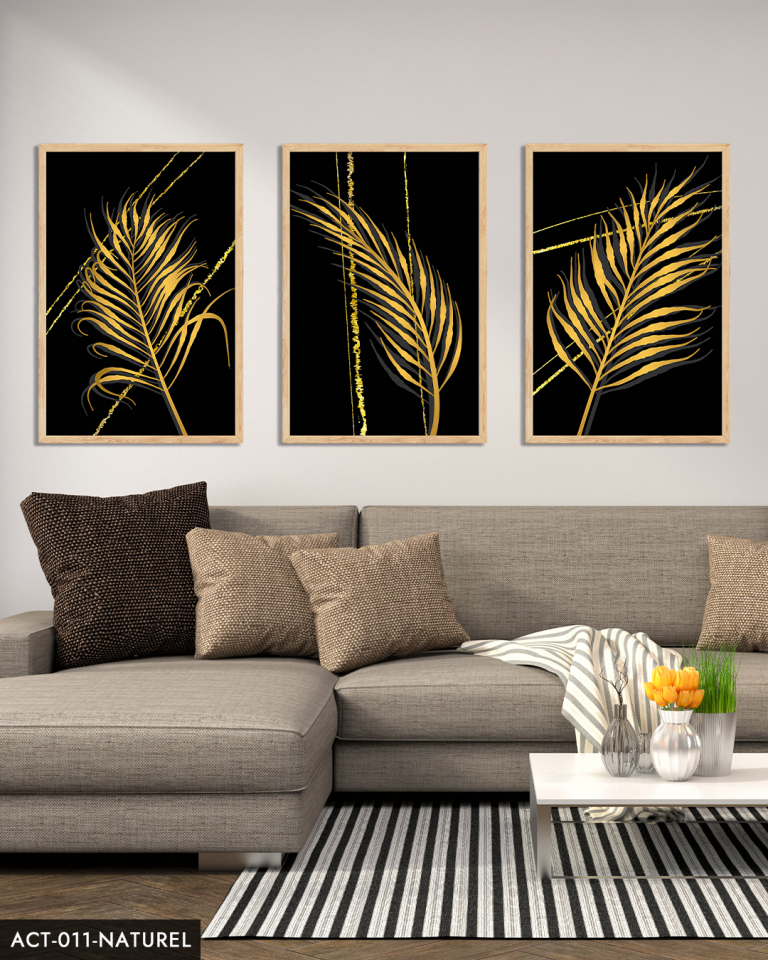 Gold Tüy Desen 3 Parça Ahşap Çerçeveli Tablo ACT Siyah - 40 x 60 CM