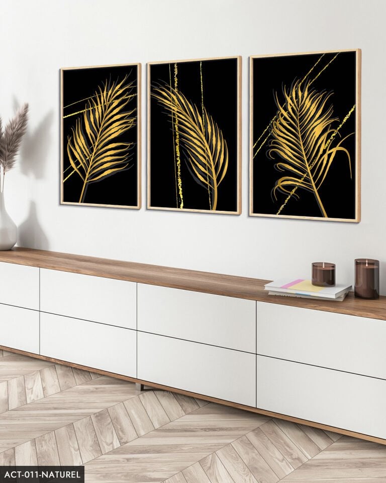 Gold Tüy Desen 3 Parça Ahşap Çerçeveli Tablo ACT Siyah - 40 x 60 CM
