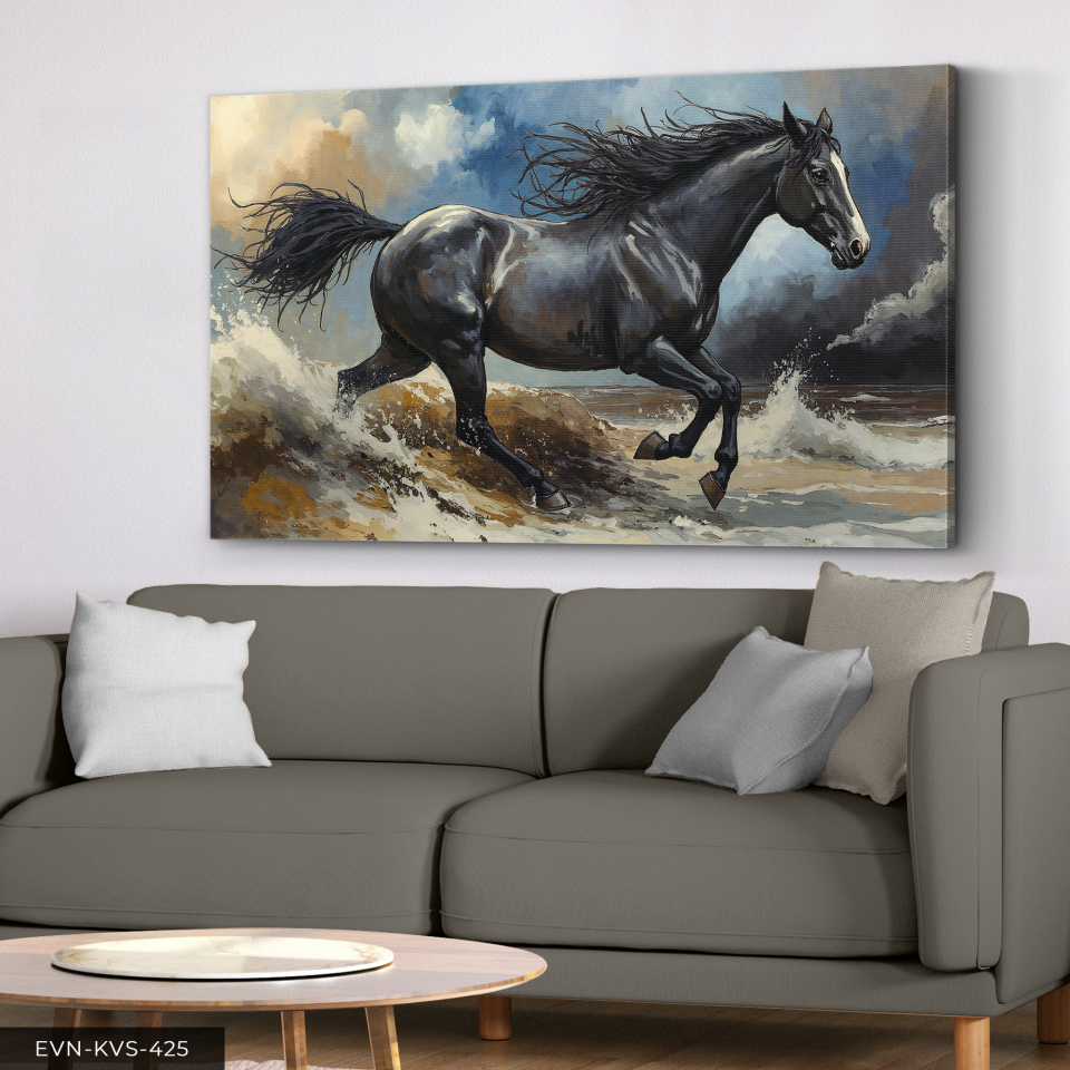 Siyah Asil At Tek Parça Kanvas - Canvas Tablo 140 x 90 CM - Çok Renkli