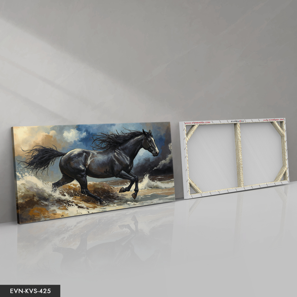 Siyah Asil At Tek Parça Kanvas - Canvas Tablo 140 x 90 CM - Çok Renkli