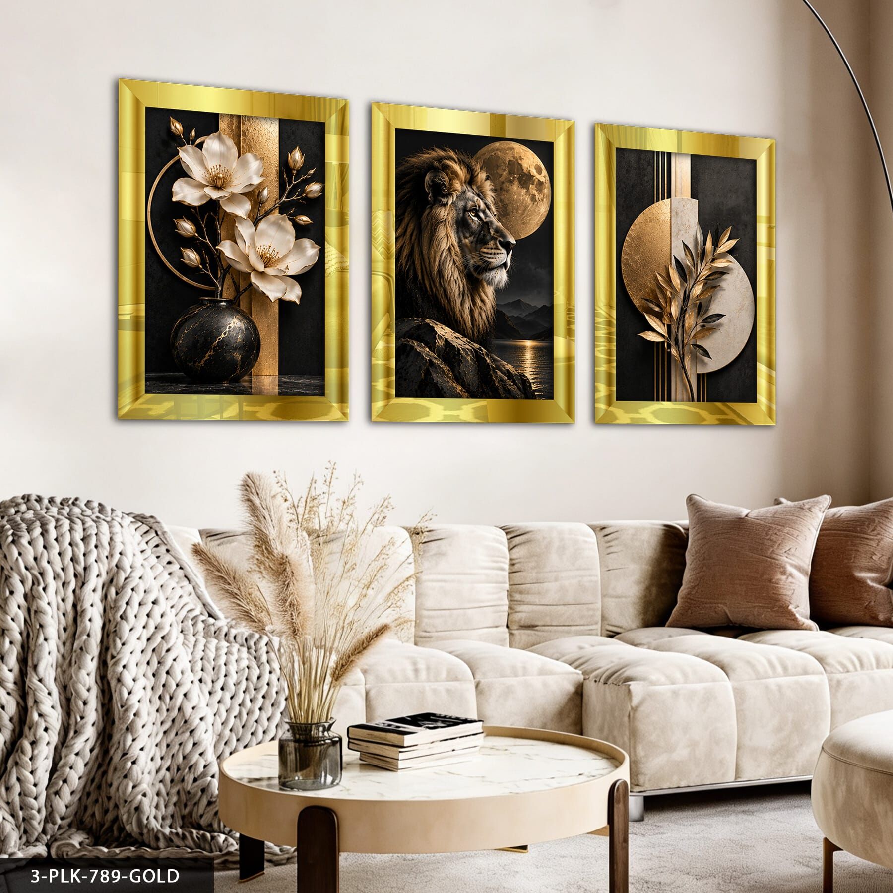 Vazoda Beyaz Çiçek Aslan ve Bitki 3 Parça Pleksi Aynalı Tablo 30 x 40 CM - Gold