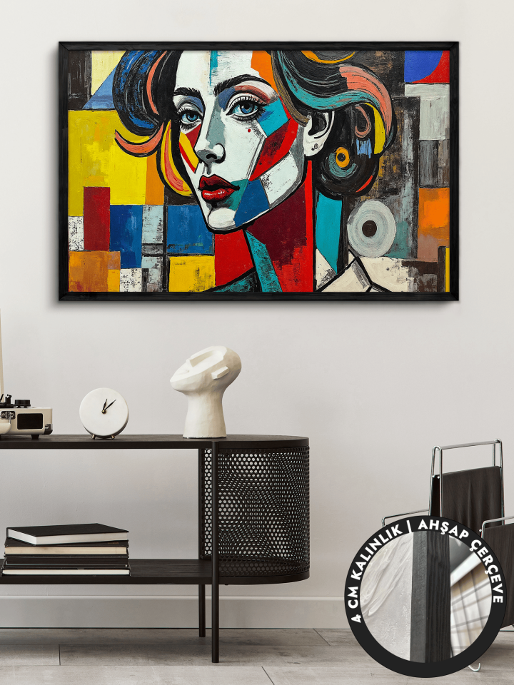 Rengarenk Kadın Tek Parça Siyah Çerçeveli Kanvas - Canvas Tablo 48x68 CM