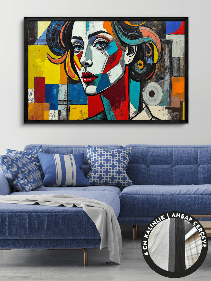 Rengarenk Kadın Tek Parça Siyah Çerçeveli Kanvas - Canvas Tablo 48x68 CM
