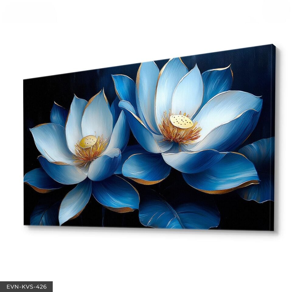 Gold Detaylı Mavi Çiçek Tek Parça Kanvas - Canvas Tablo