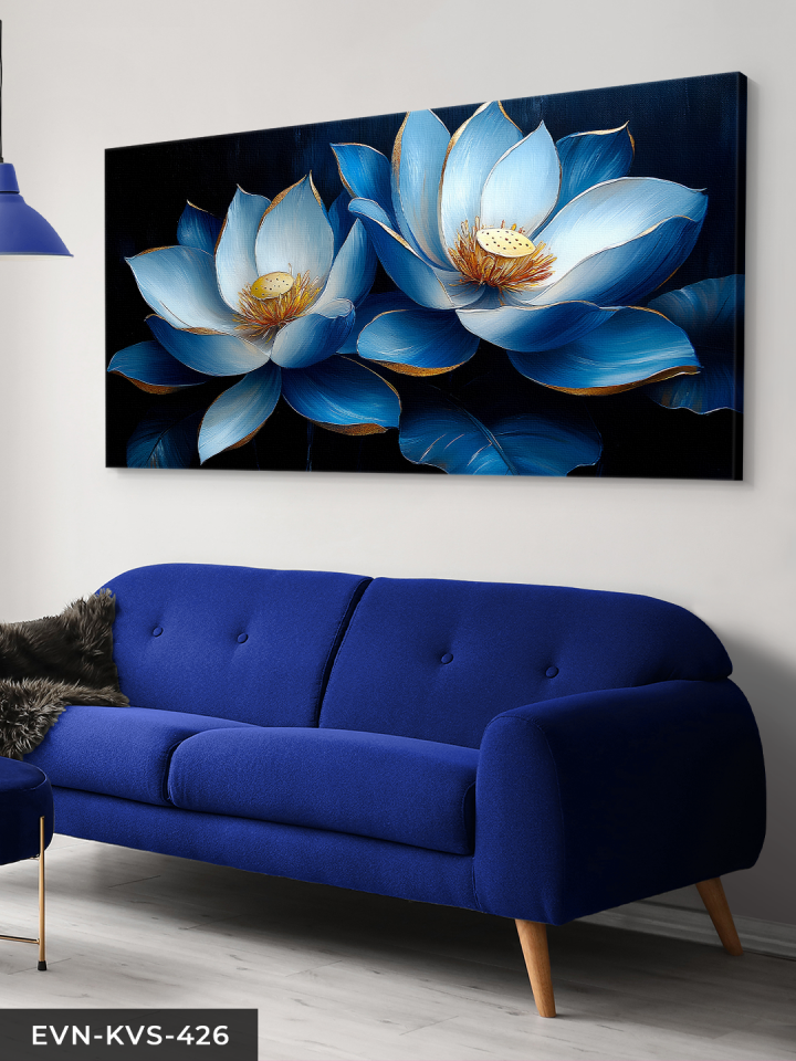 Gold Detaylı Mavi Çiçek Tek Parça Kanvas - Canvas Tablo 140 x 90 CM - Çok Renkli