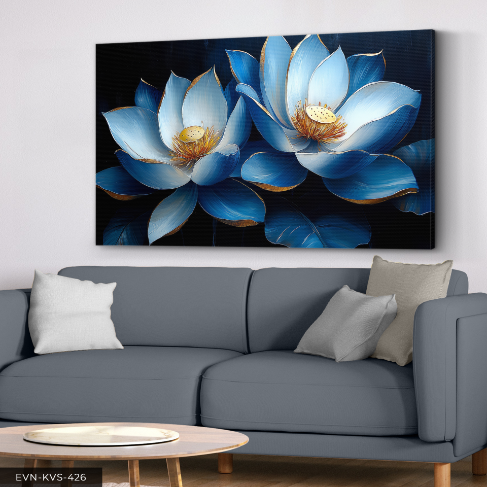 Gold Detaylı Mavi Çiçek Tek Parça Kanvas - Canvas Tablo 140 x 90 CM - Çok Renkli