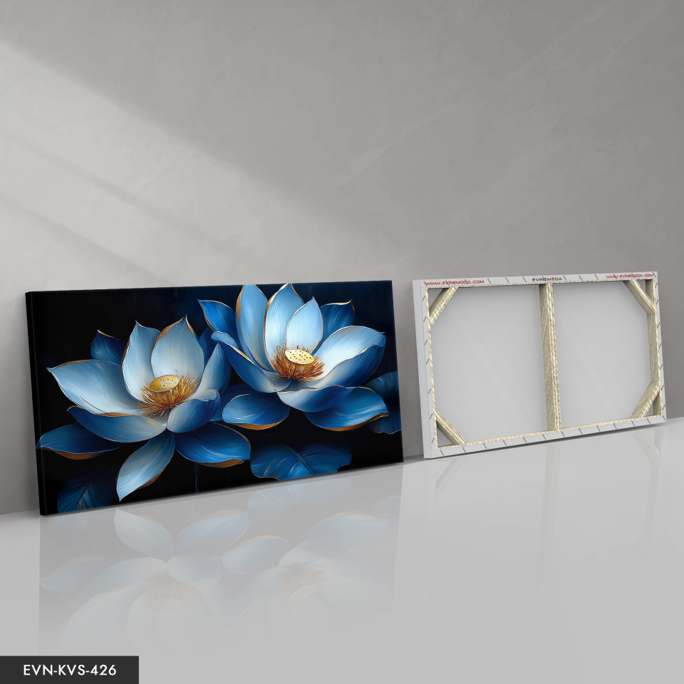 Gold Detaylı Mavi Çiçek Tek Parça Kanvas - Canvas Tablo 140 x 90 CM - Çok Renkli