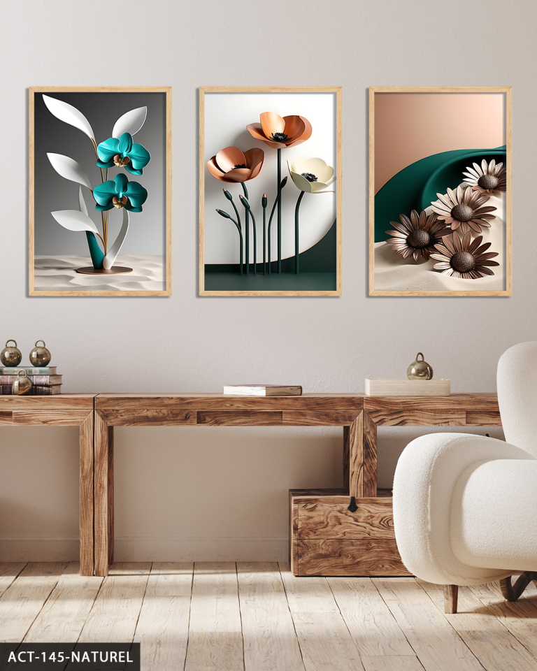 Zarif Mavi ve Pembe Çiçekler 3 Parça Ahşap Çerçeveli Tablo ACT Naturel - 20 x 30 CM