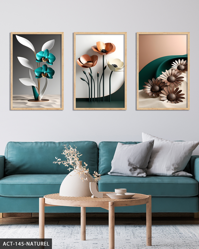 Zarif Mavi ve Pembe Çiçekler 3 Parça Ahşap Çerçeveli Tablo ACT Naturel - 20 x 30 CM