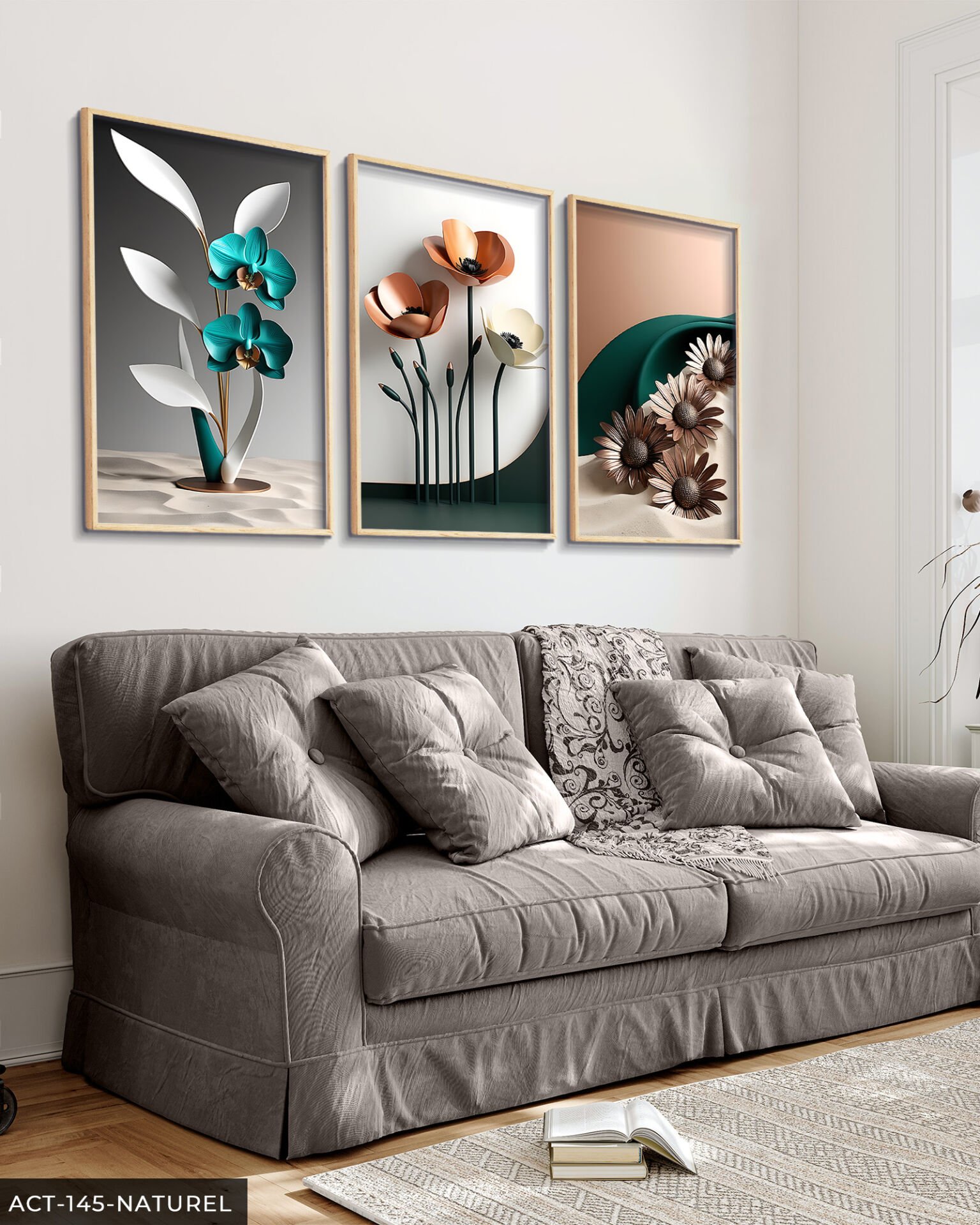 Zarif Mavi ve Pembe Çiçekler 3 Parça Ahşap Çerçeveli Tablo ACT Naturel - 20 x 30 CM