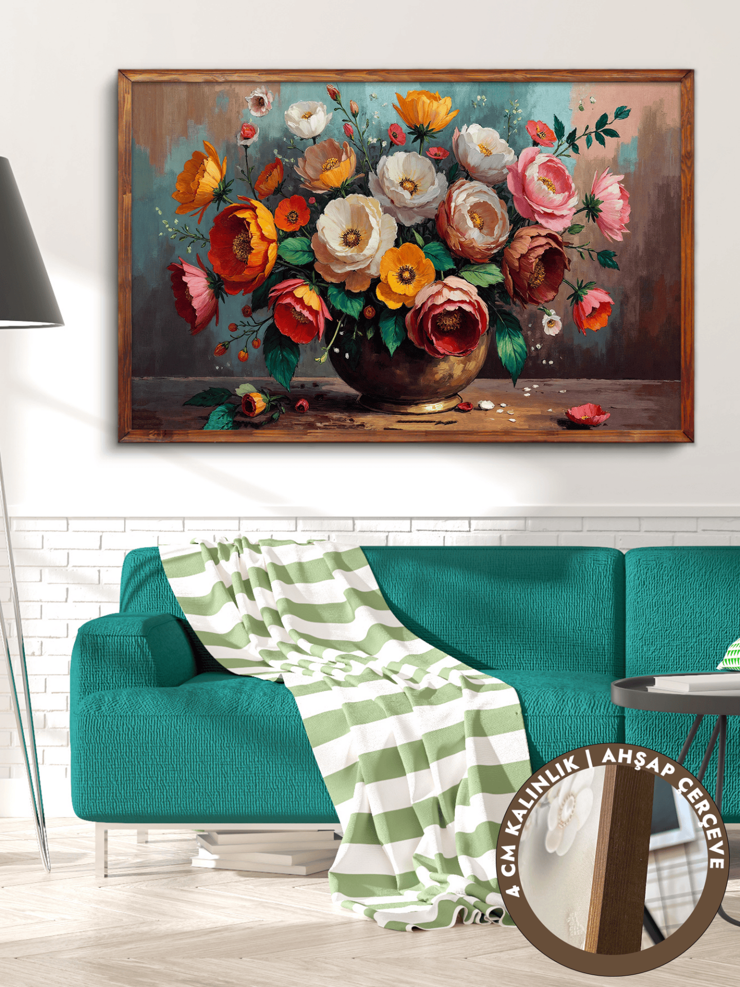 Vazoda Renkli Çiçekler Tek Parça Kahverengi Çerçeveli Kanvas - Canvas Tablo 48x68 CM