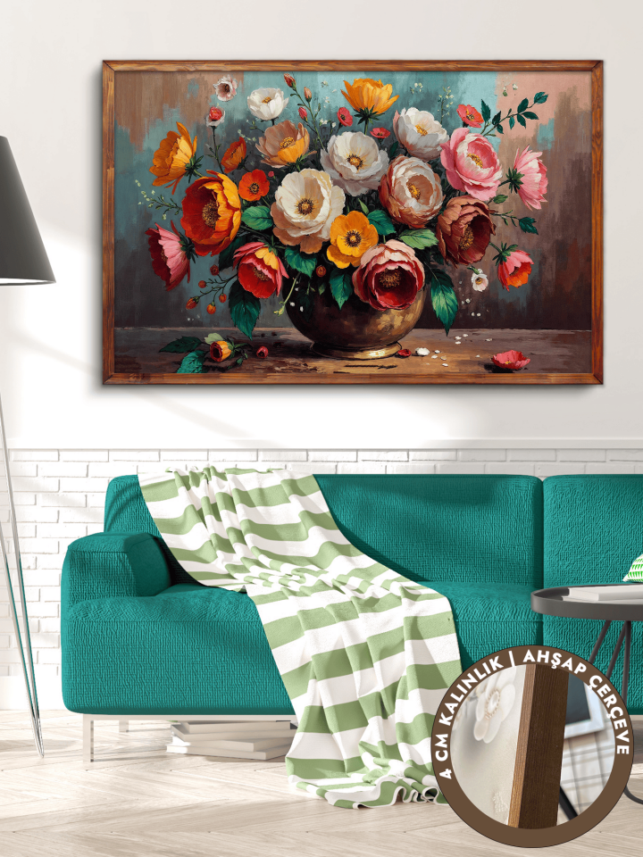 Vazoda Renkli Çiçekler Tek Parça Kahverengi Çerçeveli Kanvas - Canvas Tablo 48x68 CM