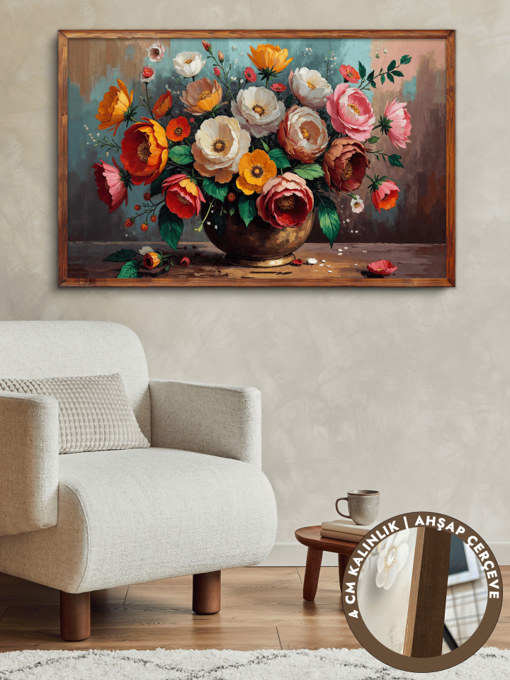Vazoda Renkli Çiçekler Tek Parça Kahverengi Çerçeveli Kanvas - Canvas Tablo 48x68 CM