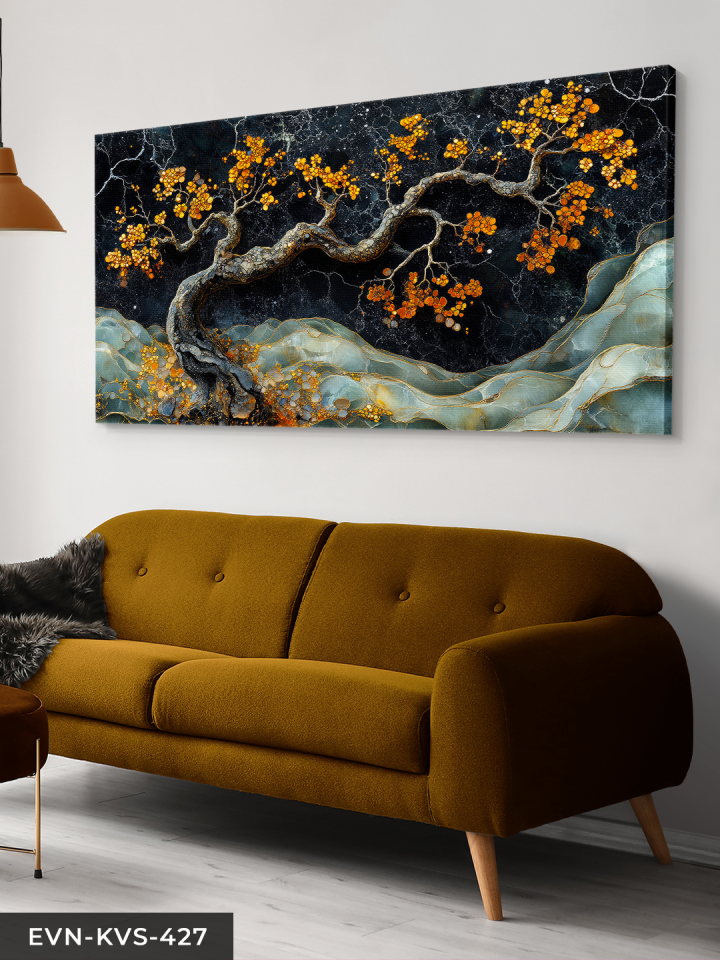 Turuncu Çiçekli Ağaç Tek Parça Kanvas - Canvas Tablo 140 x 90 CM - Çok Renkli