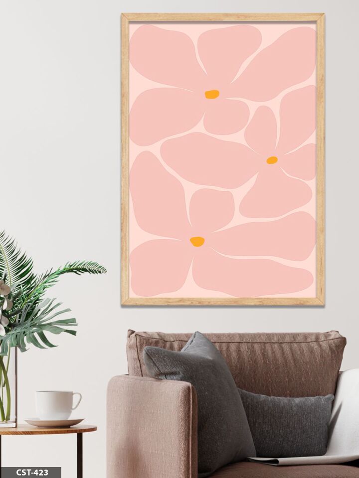 Pembe Çiçek Tek Parça Ahşap Çerçeveli Tablo Naturel - 20 x 30 CM