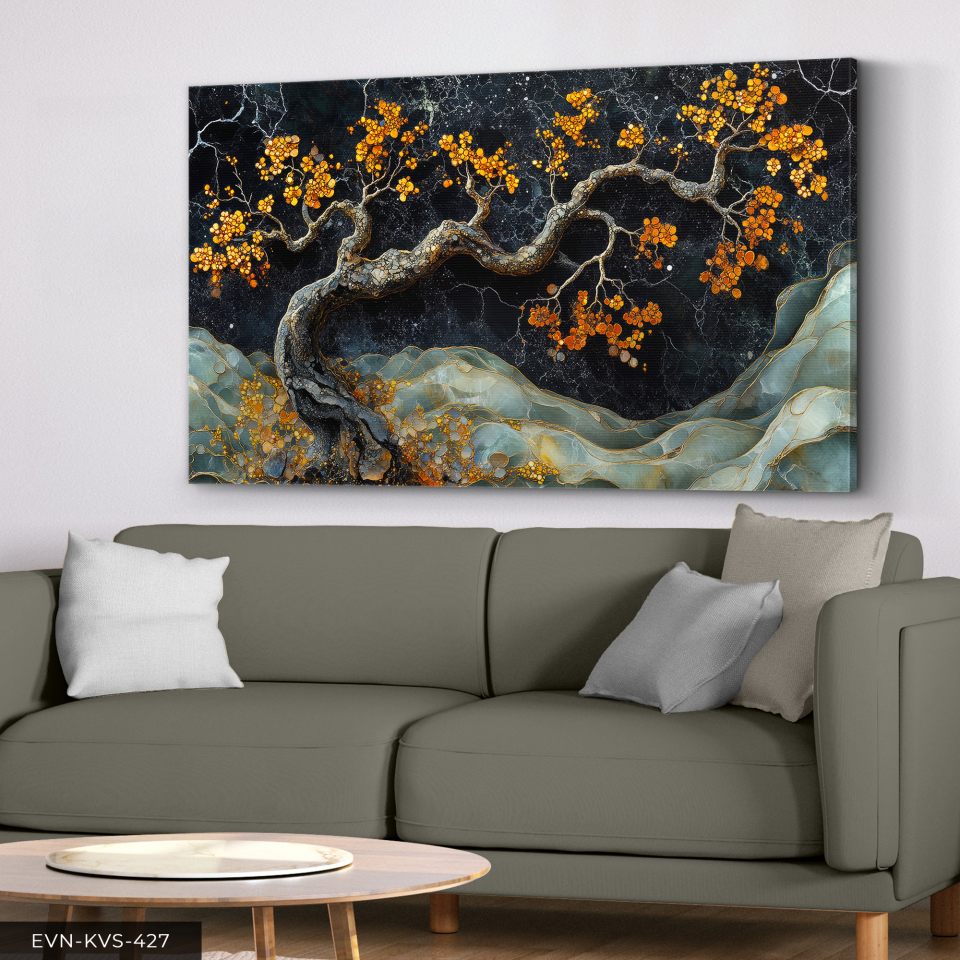 Turuncu Çiçekli Ağaç Tek Parça Kanvas - Canvas Tablo 140 x 90 CM - Çok Renkli