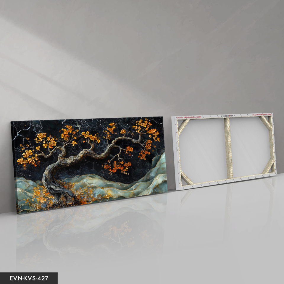 Turuncu Çiçekli Ağaç Tek Parça Kanvas - Canvas Tablo 140 x 90 CM - Çok Renkli