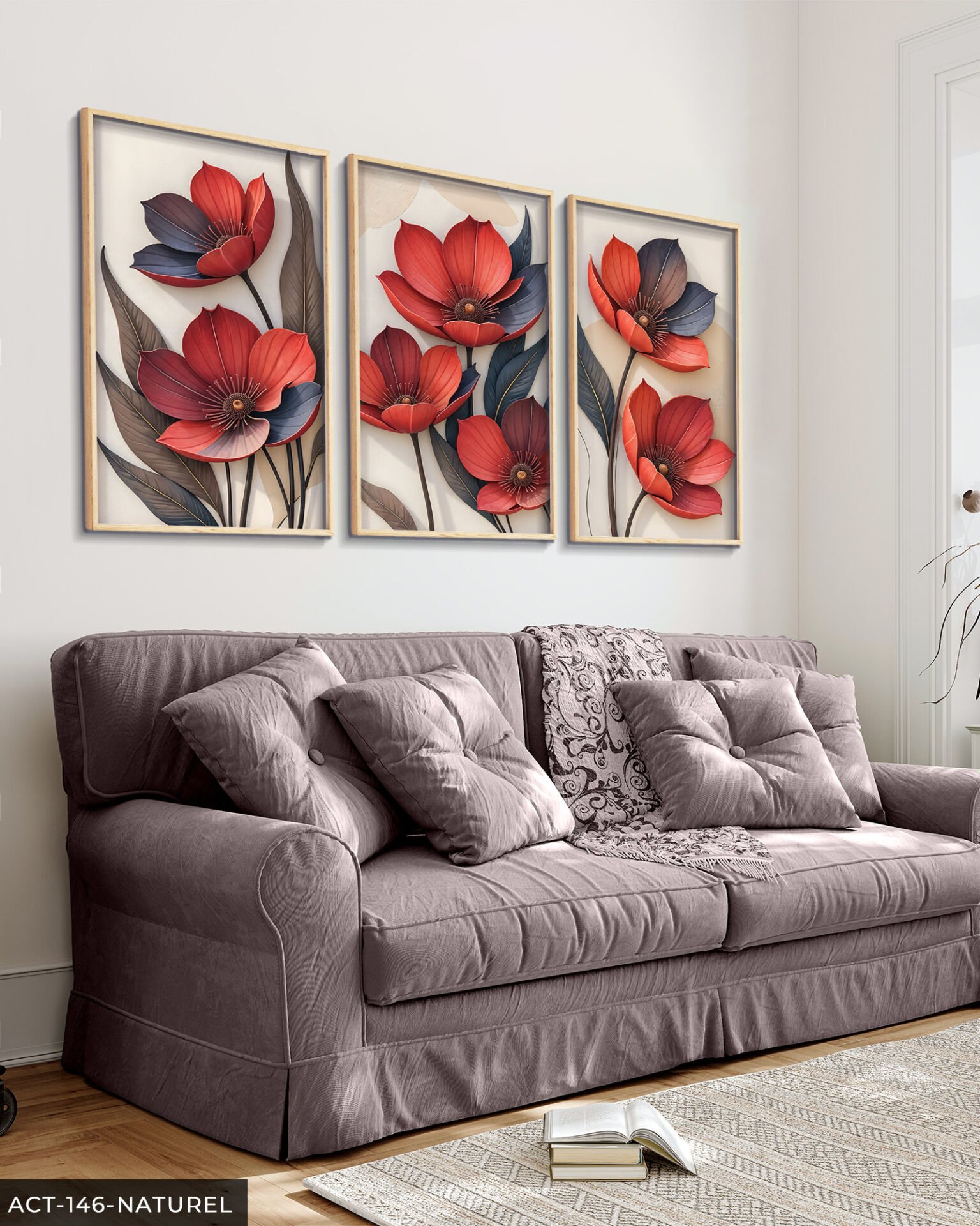 Kırmızı Çiçek 3 Parça Ahşap Çerçeveli Tablo ACT Naturel - 20 x 30 CM