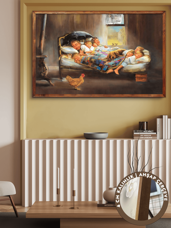 Mutluluğun Resmi Tek Parça Kahverengi Çerçeveli Kanvas - Canvas Tablo 48x68 CM