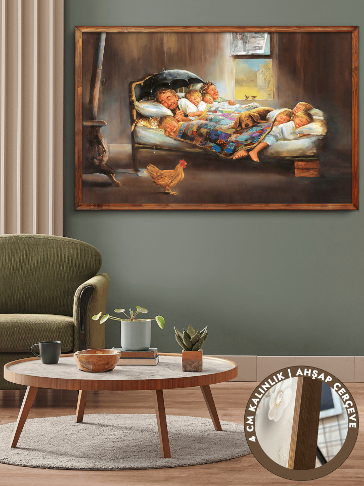 Mutluluğun Resmi Tek Parça Kahverengi Çerçeveli Kanvas - Canvas Tablo 48x68 CM