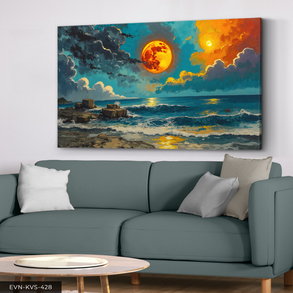 Yağlı Boya Görünümlü Gün Batımı Tek Parça Kanvas - Canvas Tablo 140 x 90 CM - Çok Renkli