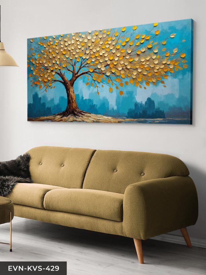 Dokulu Gold Detaylı Ağaç Tek Parça Kanvas - Canvas Tablo 40 x 30 CM - Çok Renkli