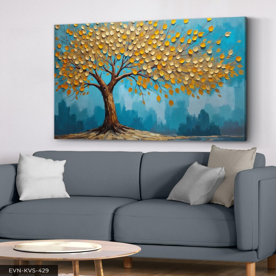 Dokulu Gold Detaylı Ağaç Tek Parça Kanvas - Canvas Tablo 40 x 30 CM - Çok Renkli