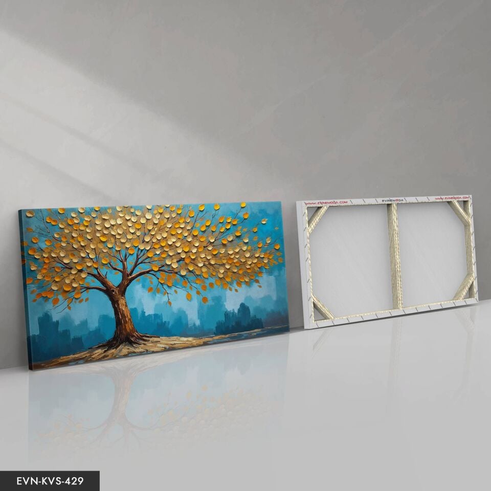 Dokulu Gold Detaylı Ağaç Tek Parça Kanvas - Canvas Tablo 40 x 30 CM - Çok Renkli
