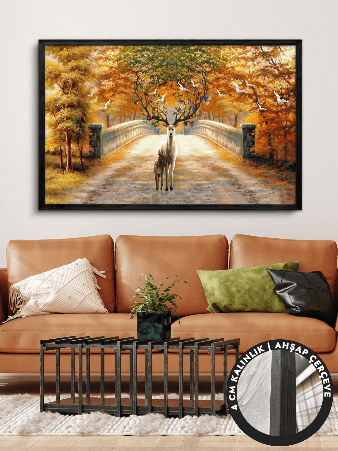 Geyik Çiçekler Tek Parça Siyah Çerçeveli Kanvas - Canvas Tablo 48x68 CM