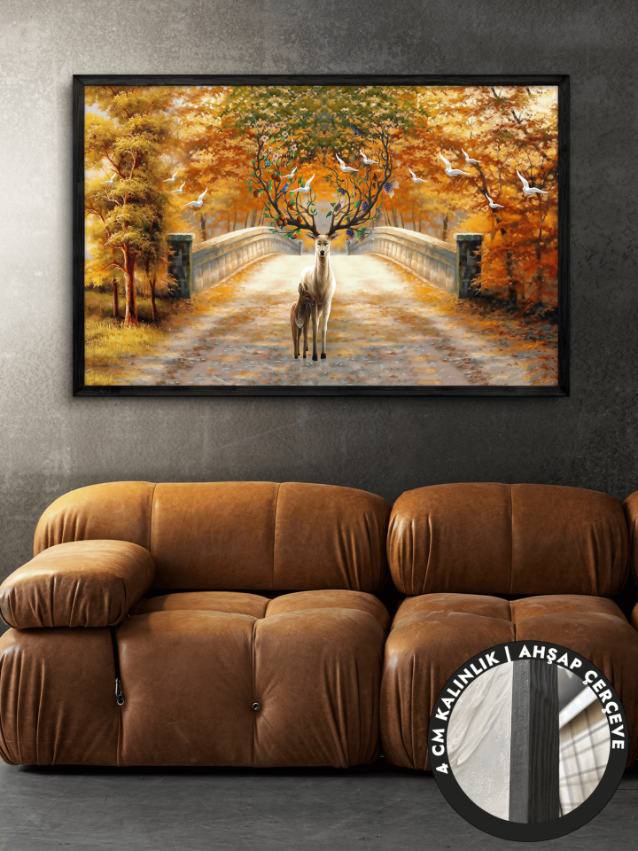 Geyik Çiçekler Tek Parça Siyah Çerçeveli Kanvas - Canvas Tablo 48x68 CM